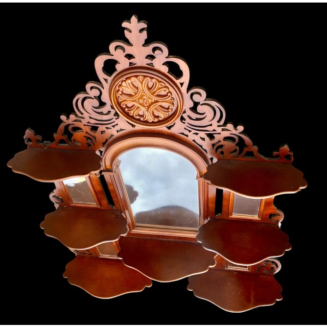 1990s Pierced Carved Wood Multi Shelf Wall with Central Arched Mirror For Sale - Image 9 of 16