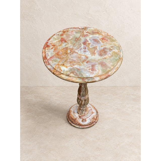 Gemstone Handcrafted Natural Green & Peach Onyx Pedestal Side Table by Zarva Stone For Sale - Image 7 of 10