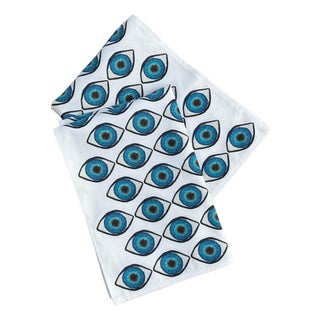 Custom Made Linen-Cotton Blue Eyes Tea Towel, Original For Sale