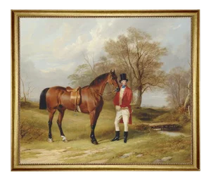 Gentleman Standing Beside Saddled Hunter Framed Oil Painting Print on Canvas in Antiqued Gold Frame