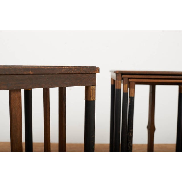 Vienna Secession Nesting Tables with Wooden Base, Brass Accents, and Oak Tops, Set of 4 For Sale - Image 11 of 14