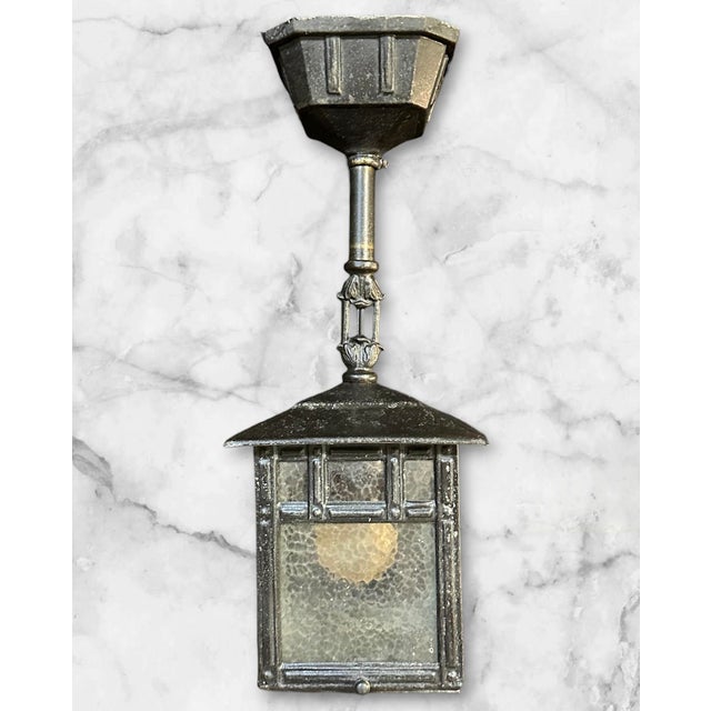 Arts & Crafts 1910s Arts & Crafts Black Pendant Light With Ice Glass For Sale - Image 3 of 8