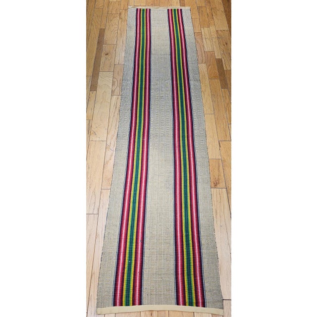 Vintage American Rag Runner, Handwoven Stripe Pattern, Tan, Green & Magenta, 3x13 For Sale - Image 11 of 13