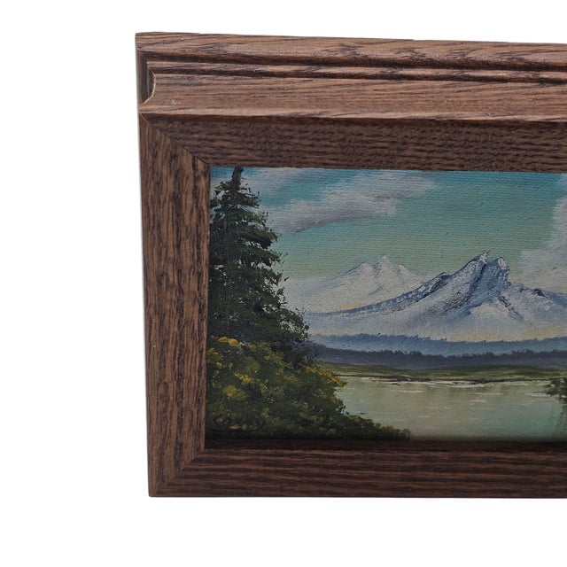Impressionist Signed Vintage Landscape Oil Painting by Corky – Framed 5x7 Mountain Lake Scene on Canvas For Sale - Image 3 of 8