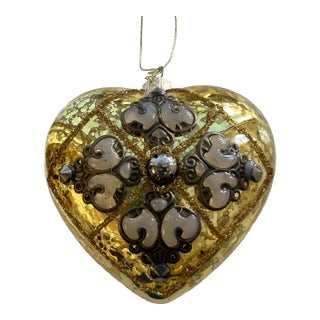 1980s Gold Glass Heart Shaped Ornament With Silver Tones For Sale