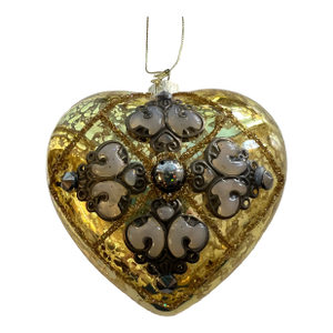 1980s Gold Glass Heart Shaped Ornament With Silver Tones