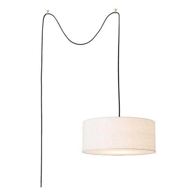 Stretch Swag Lamp, White Linen Shade, Weathered Brass, for Living Room or Bedroom For Sale