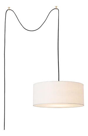 Stretch Swag Lamp, White Linen Shade, Weathered Brass, for Living Room or Bedroom