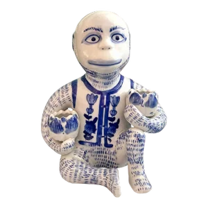 Late 20th Century Chinoiserie Blue and White Monkey With Lotus Flower Bowls