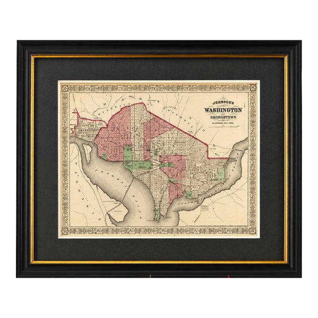 Antique Washington, DC & Georgetown Map by Johnson, Circa 1868, Custom Framed For Sale