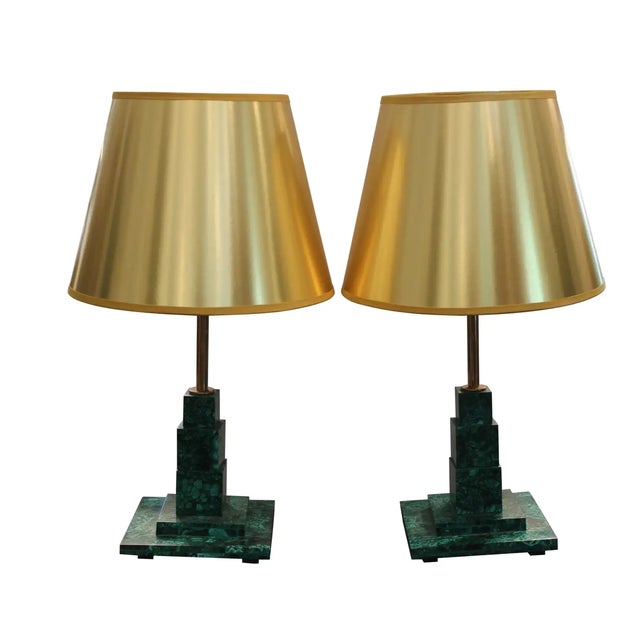 1960s Pair of Square Malachite Table Lamps With Gold Shades For Sale - Image 10 of 10
