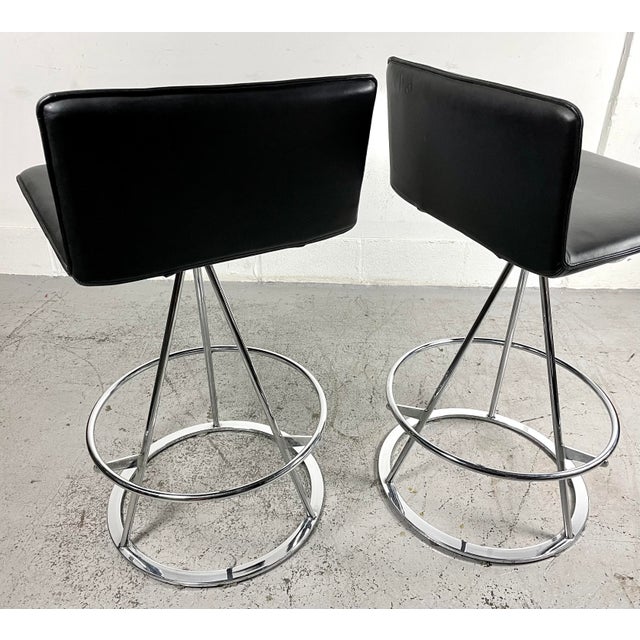 Vintage Italian Modern “Dania” High Bar Stools in Leather & Chrome by