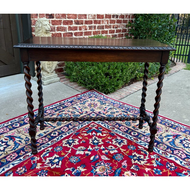 Antique English Barley Twist Sofa Entry Table Oak Carved Beveled Edge