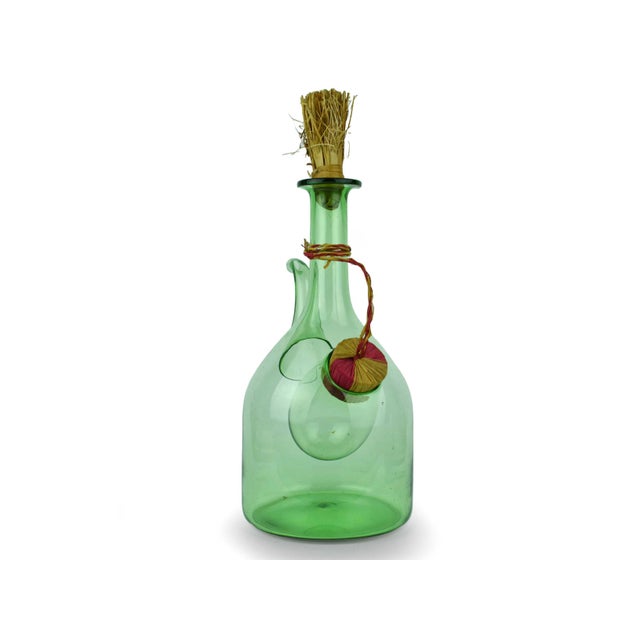 Farmhouse Vintage Hand Blown Italian Green Glass Wine Decanter Carafe With Ice Chamber Chiller and Stoppers For Sale - Image 3 of 10