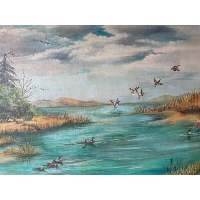 1970s 1979 Vintage “Ducks Over Marshland” Landscape Oil Painting by Little, Framed For Sale - Image 5 of 12
