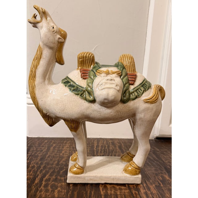 Chinese Large Vintage Chinese Tang-Style Crackle Glaze Ceramic Camel Sculpture For Sale - Image 3 of 18