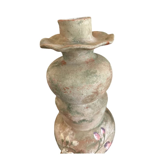 Monumental Vintage Terracotta Candlesticks Raised Rose Relief 15 Inch Pair For Sale - Image 13 of 15