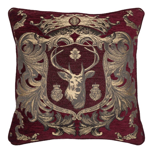 Regal Stag Red Tapestry Cushion With Feather Filler - 46x46cm (18"x18") For Sale