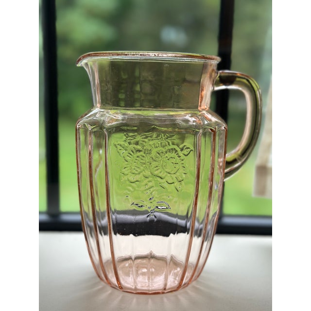 Anchor Hocking 1930s Hocking Glass 'Mayfair / Open Rose' Pink Depression Pitcher For Sale - Image 4 of 5