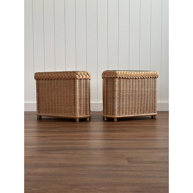 1970s Vintage Brown Jordan Braided Wicker Side Tables, Pair For Sale - Image 5 of 17