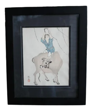 Mori Tetsuzan (Shushin) 19th Century "Boy on Ox Trimming Branches" Figurative Japanese Painting , Matted and Framed