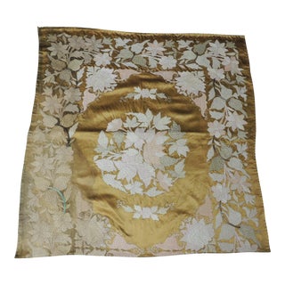 Vintage Gold and Yellow Satin Square Embroidered Suzani Textile Panel For Sale
