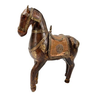 Vintage Carved Wood Horse Sculpture With Brass Inlay For Sale