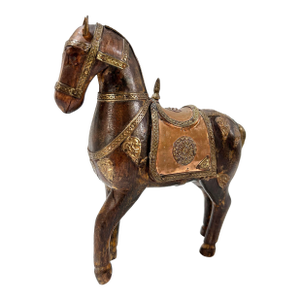 Vintage Carved Wood Horse Sculpture With Brass Inlay