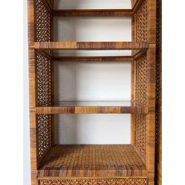 1970's Vintage Palm Beach Regency Style Arched Rattan & Glass Étagères – A Pair For Sale - Image 9 of 18