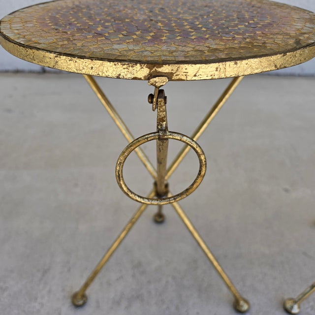 Italian Gold Gilt Folding Mosaic Side Drink Tables 1960s Pair For Sale - Image 9 of 16