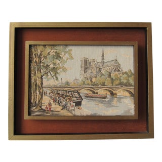 Mid Century Paris Bouquiniste and Notre Dame on the Seine Framed Tapestry For Sale