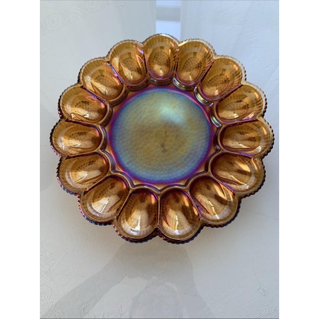 Indiana Glass Company Vintage Indiana Glass Iridescent Gold Carnival Deviled Egg Platter or Relish Plate For Sale - Image 4 of 12
