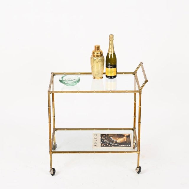Gold Faux Bamboo Brass and Crystal Serving Bar Cart from Maison Jansen, 1970s For Sale - Image 8 of 11