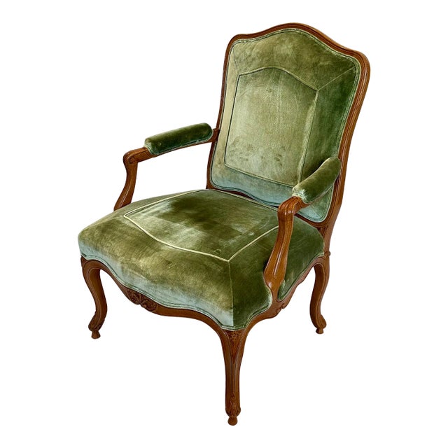 Lounge Chair by J. Robert Scott | Louis XV Hand-Carved Walnut Frame | Green Silk Velvet For Sale