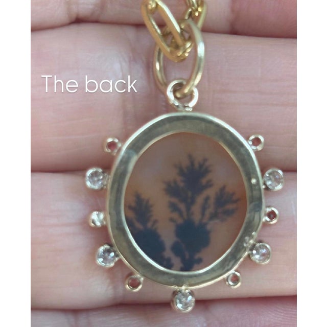 Modern Dendritic Agate Pendant With Diamonds, Sapphires & 14k Gold For Sale - Image 3 of 6