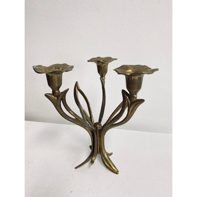 Art Deco Floral Brass Candleholder For Sale - Image 3 of 10
