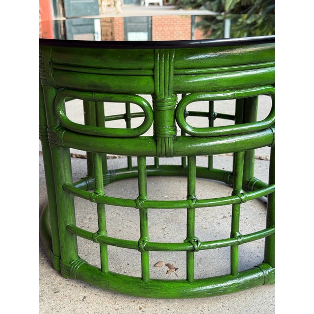 Mid-Century Bespoke Green Rattan Smoked Glass Side Table - Newly Painted For Sale In Mobile - Image 6 of 12