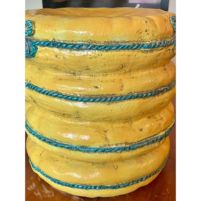 Vintage Italian Majolica Trompe L’Oeil Lemon Yellow Garden Seat Stool For Sale - Image 10 of 17