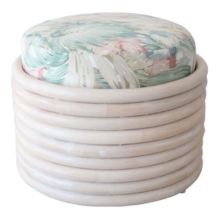 1980's Round White-Washed Rattan Ottoman With Floral Upholstered Cushion For Sale