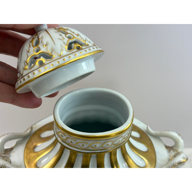 Ceramic Antique Dresden Porcelain Urn Vase With Figural Ram Handles & Reticulated Lid For Sale - Image 7 of 12