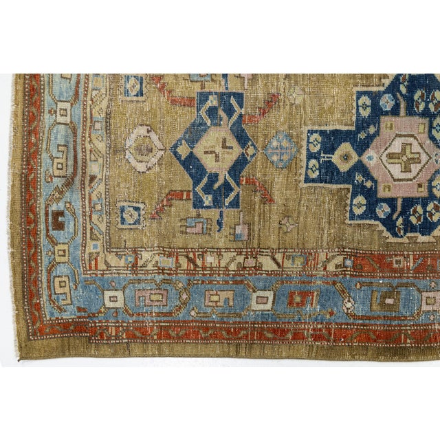 Camel Antique Heriz Runner Rug With Muted Camel Field and Geometric Medallions For Sale - Image 8 of 9