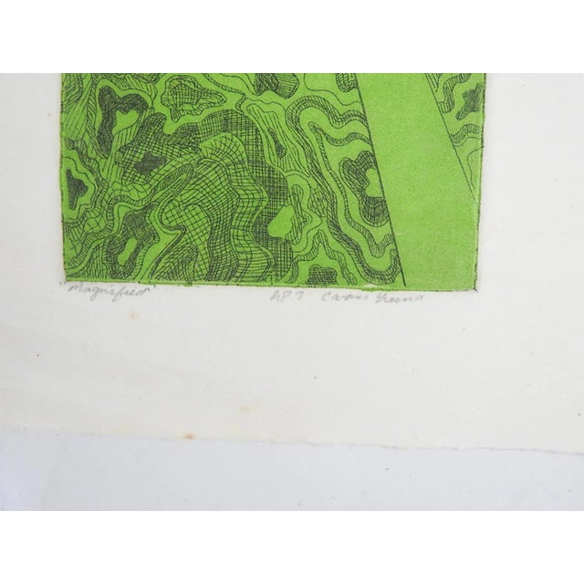 Vintage late 20th century etching on paper of abstract dragonfly in green. Signed illegibly and titled Magnified in pencil...