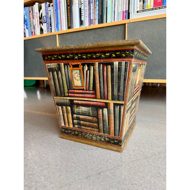 Mid-Century Modern Vintage 1950s Trompe L’Oeil Painted Wood Book Motif Cachepot Planter Basket Fornasetti Style For Sale - Image 3 of 16