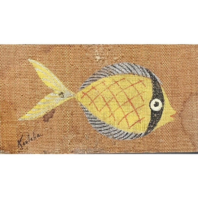 Wood Vintage MCM Fish Motif Paintings on Burlap - Pair For Sale - Image 7 of 13