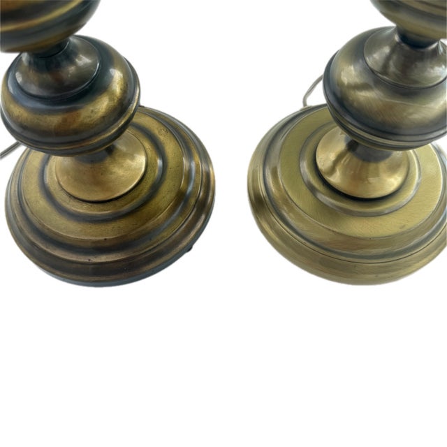 Mid Century Modern Brass Tone Stacked Cylinder Table Lamp- A Pair For Sale - Image 9 of 12