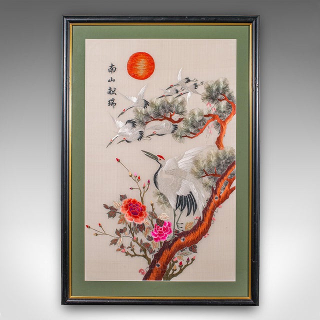 Tall Pair of Vintage Bird Embroideries, Oriental, Framed, Wildlife Art, c.1980 For Sale - Image 4 of 12