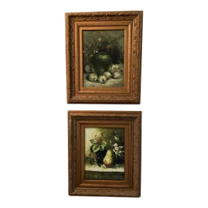 1980s Vintage Still Life Fruit Prints on Canvas With Flowers Gold Frame Signed - a Pair