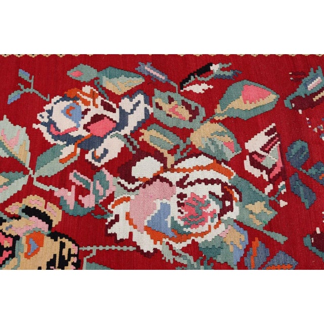 Textile Mid Century Modern Kilim Wool Area Rug Red Hand Made in Turkey Floral Pattern For Sale - Image 7 of 9