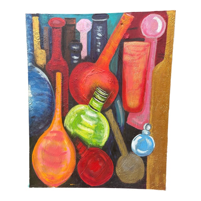 Large Scale Textured Vibrant Mid-Century Inspired Glassware Painting on Canvas For Sale