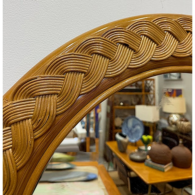 Wood Vintage Coastal Wide Woven Braided Wicker Arched Wall Mirror For Sale - Image 7 of 7
